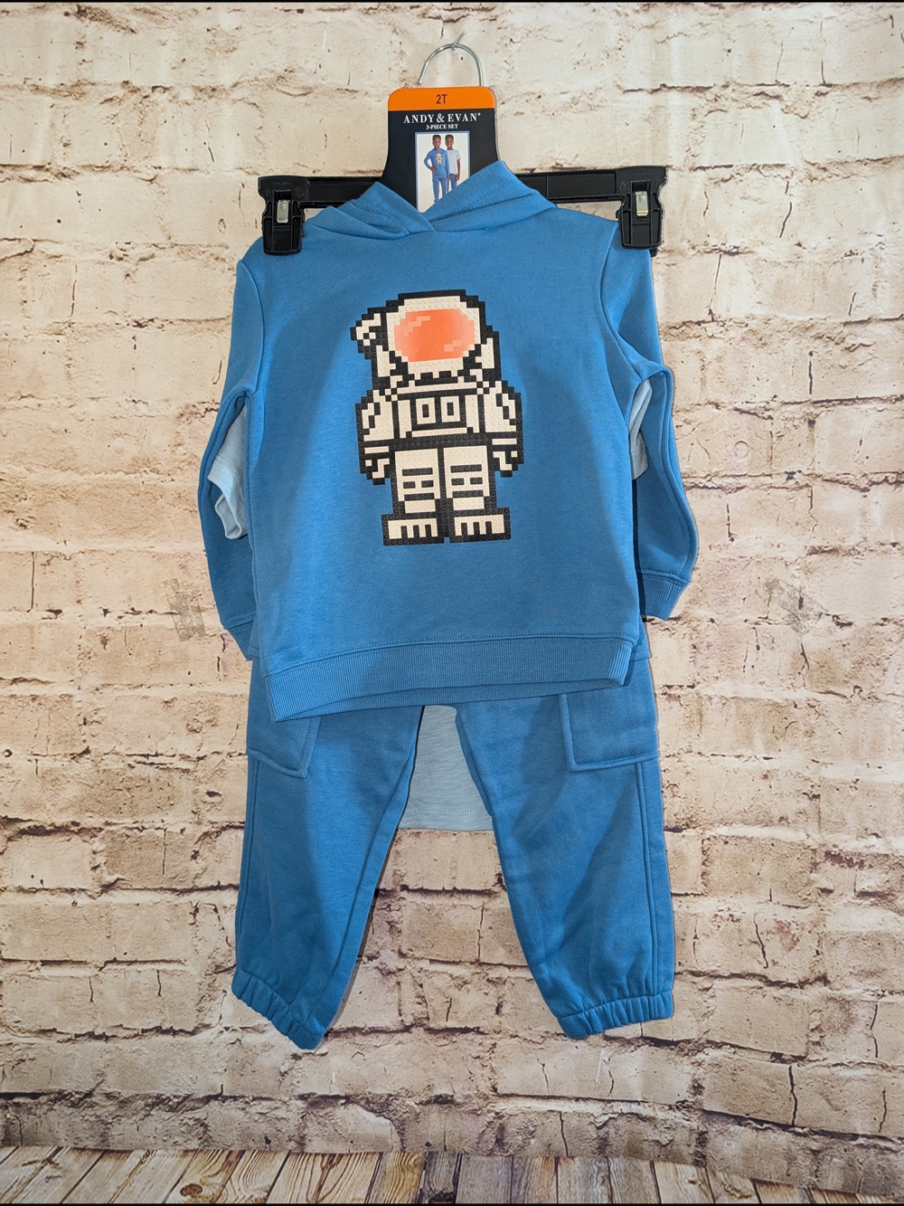 ~Andy & Evan kids' 3-piece space jogger set featuring a blue pixelated 2T